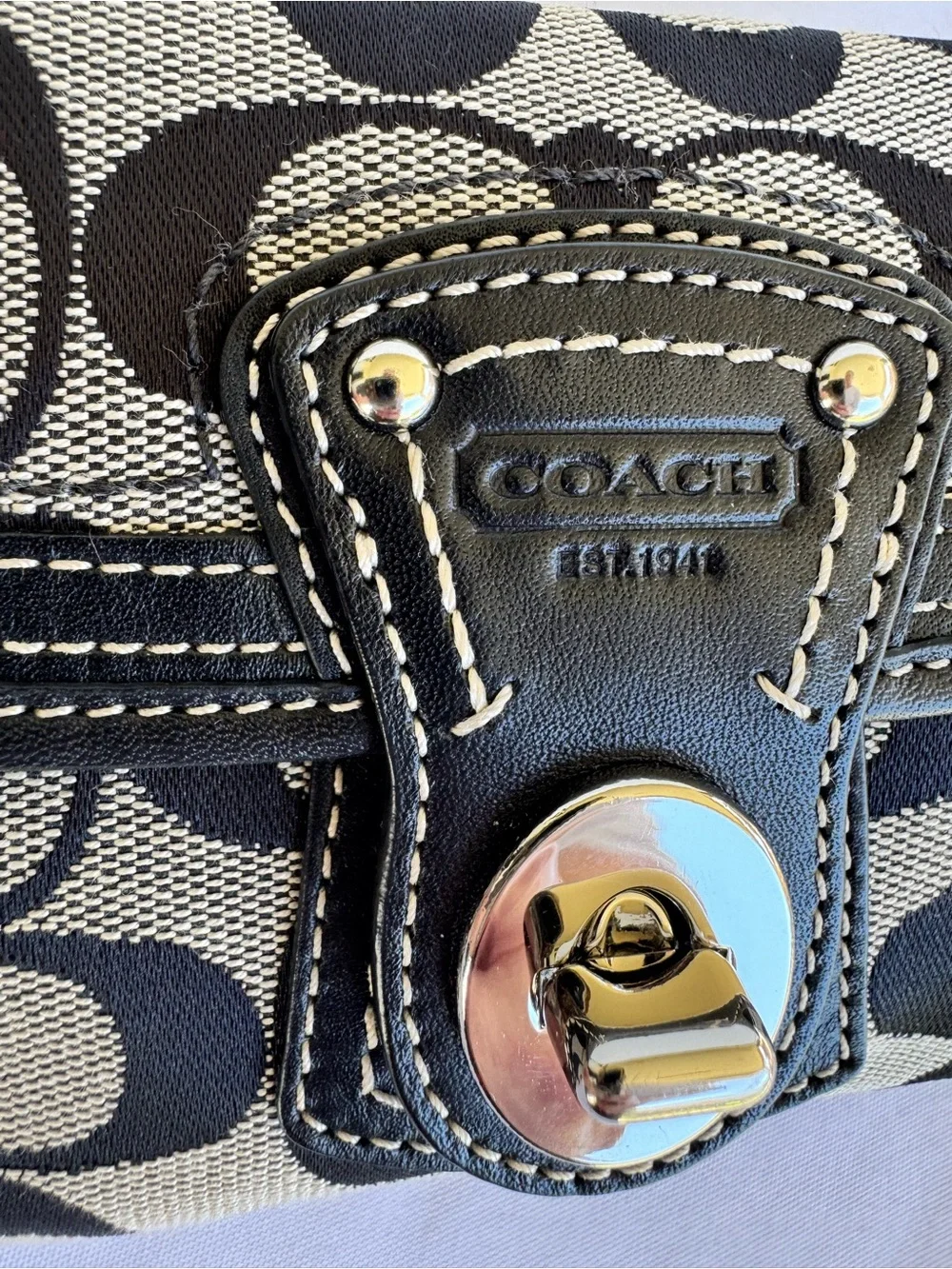 Coach Black & Cream Signature Canvas Turnlock Wristlet